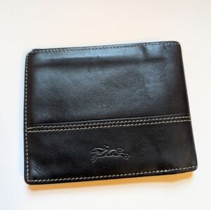 Longchamp Black Leather Wallet with Logo In Beaten Condition